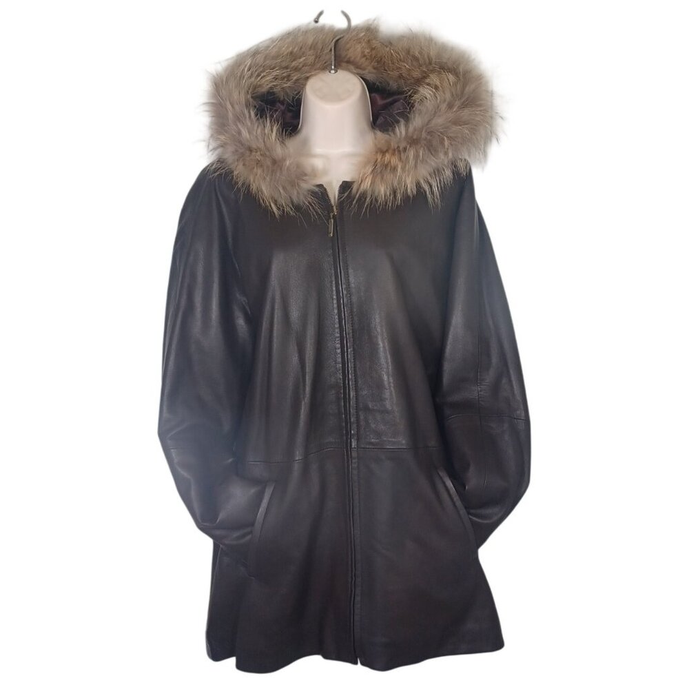 Vintage Marvin Richard Women's L Hooded Brown Leather Jacket Fur Trim Old Money